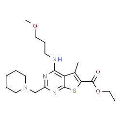 ChemSpider 2D Image | Ethyl 4-[(3-methoxypropyl)amino]-5-methyl-2-(1-piperidinylmethyl)thieno[2,3-d]pyrimidine-6-carboxylate | C20H30N4O3S