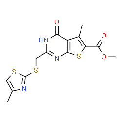 ChemSpider 2D Image | Methyl 5-methyl-2-{[(4-methyl-1,3-thiazol-2-yl)sulfanyl]methyl}-4-oxo-3,4-dihydrothieno[2,3-d]pyrimidine-6-carboxylate | C14H13N3O3S3