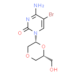 ChemSpider 2D Image | 4-Amino-5-bromo-1-[(2R,6R)-6-(hydroxymethyl)-1,4-dioxan-2-yl]-2(1H)-pyrimidinone | C9H12BrN3O4
