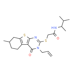 ChemSpider 2D Image | 2-[(3-Allyl-7-methyl-4-oxo-3,4,5,6,7,8-hexahydro[1]benzothieno[2,3-d]pyrimidin-2-yl)sulfanyl]-N-(3-methyl-2-butanyl)acetamide | C21H29N3O2S2