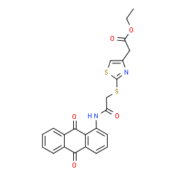 ChemSpider 2D Image | Ethyl [2-({2-[(9,10-dioxo-9,10-dihydro-1-anthracenyl)amino]-2-oxoethyl}sulfanyl)-1,3-thiazol-4-yl]acetate | C23H18N2O5S2