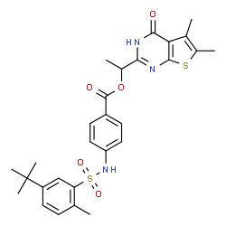 ChemSpider 2D Image | 1-(5,6-Dimethyl-4-oxo-3,4-dihydrothieno[2,3-d]pyrimidin-2-yl)ethyl 4-({[2-methyl-5-(2-methyl-2-propanyl)phenyl]sulfonyl}amino)benzoate | C28H31N3O5S2