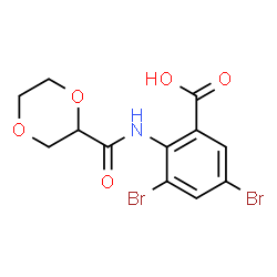 ChemSpider 2D Image | 3,5-Dibromo-2-[(1,4-dioxan-2-ylcarbonyl)amino]benzoic acid | C12H11Br2NO5