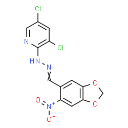 ChemSpider 2D Image | 3,5-Dichloro-2-{2-[(6-nitro-1,3-benzodioxol-5-yl)methylene]hydrazino}pyridine | C13H8Cl2N4O4