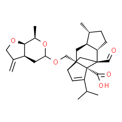 ChemSpider 2D Image | (1R,2S,4S,5R,8S,9S,11R)-9-Formyl-13-isopropyl-5-methyl-2-({[(3aS,7R,7aR)-7-methyl-3-methylenehexahydro-2H-furo[2,3-c]pyran-5-yl]oxy}methyl)tetracyclo[7.4.0.0~2,11~.0~4,8~]tridec-12-ene-1-carboxylic ac
id | C29H40O6