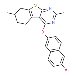 ChemSpider 2D Image | 4-[(6-Bromo-2-naphthyl)oxy]-2,7-dimethyl-5,6,7,8-tetrahydro[1]benzothieno[2,3-d]pyrimidine | C22H19BrN2OS
