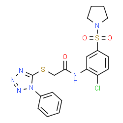 ChemSpider 2D Image | N-[2-Chloro-5-(1-pyrrolidinylsulfonyl)phenyl]-2-[(1-phenyl-1H-tetrazol-5-yl)sulfanyl]acetamide | C19H19ClN6O3S2