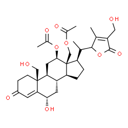 ChemSpider 2D Image | (6alpha,12beta,20S)-6,19-Dihydroxy-20-[4-(hydroxymethyl)-3-methyl-5-oxo-2,5-dihydro-2-furanyl]-3-oxopregn-4-ene-12,18-diyl diacetate | C31H42O10