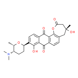 ChemSpider 2D Image | (4R)-10-[(2R,5S,6S)-5-(Dimethylamino)-6-methyltetrahydro-2H-pyran-2-yl]-4,9-dihydroxy-4-methyl-4,5-dihydroanthra[1,2-b]oxepine-2,8,13(3H)-trione | C27H29NO7