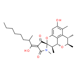 ChemSpider 2D Image | (2S,3R,3aR,4'Z,5R,6S)-8-Hydroxy-4'-(1-hydroxy-2-methyloctylidene)-1',3,5,6,7-pentamethyl-3,3a,5,6-tetrahydro-3'H,5'H-spiro[pyrano[2,3,4-de]chromene-2,2'-pyrrolidine]-3',5'-dione | C28H39NO6