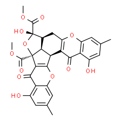 ChemSpider 2D Image | Dimethyl (5bS,7S,7aS,7bR,14bS)-4,7,13-trihydroxy-2,11-dimethyl-5,14-dioxo-7,7a,7b,8,14,14b-hexahydro-6,9,15-trioxanaphtho[2',3':2,3]pentaleno[1,6-ab]anthracene-5b,7(5H)-dicarboxylate | C30H24O12