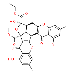 ChemSpider 2D Image | 7-Ethyl 5b-methyl (5bS,7R,7aS,7bR,14bS)-4,7,13-trihydroxy-2,11-dimethyl-5,14-dioxo-7,7a,7b,8,14,14b-hexahydro-6,9,15-trioxanaphtho[2',3':2,3]pentaleno[1,6-ab]anthracene-5b,7(5H)-dicarboxylate | C31H26O12