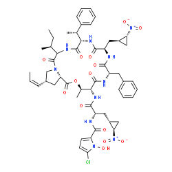 ChemSpider 2D Image | N-{(2S)-1-({(3R,4R,7S,10R,13S,20R,21aS)-7-Benzyl-16-[(2S)-2-butanyl]-3-methyl-10-{[(1R,2R)-2-nitrocyclopropyl]methyl}-1,5,8,11,14,17-hexaoxo-13-[(1R)-1-phenylethyl]-20-[(1Z)-1-propen-1-yl]octadecahydr
o-1H,3H-pyrrolo[2,1-c][1,4,7,10,13,16]oxapentaazacyclononadecin-4-yl}amino)-3-[(1R,2R)-2-nitrocyclopropyl]-1-oxo-2-propanyl}-5-chloro-1-hydroxy-1H-pyrrole-2-carboxamide | C54H67ClN10O14