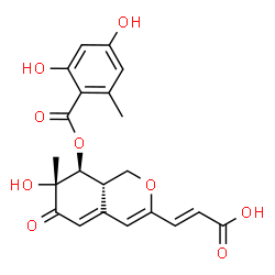 ChemSpider 2D Image | (2E)-3-{(7R,8S,8aS)-8-[(2,4-Dihydroxy-6-methylbenzoyl)oxy]-7-hydroxy-7-methyl-6-oxo-6,7,8,8a-tetrahydro-1H-isochromen-3-yl}acrylic acid | C21H20O9
