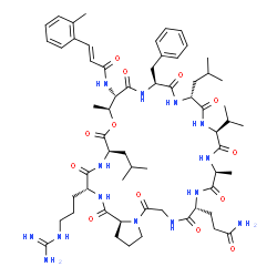 ChemSpider 2D Image | (2E)-N-[(3R,6R,9S,10S,13S,16R,19S,22S,25R,33aS)-25-(3-Amino-3-oxopropyl)-13-benzyl-3-(3-carbamimidamidopropyl)-6,16-diisobutyl-19-isopropyl-9,22-dimethyl-1,4,7,11,14,17,20,23,26,29-decaoxotriacontahyd
ro-1H,9H-pyrrolo[2,1-i][1,4,7,10,13,16,19,22,25,28]oxanonaazacyclohentriacontin-10-yl]-3-(2-methylphenyl)acrylamide | C61H90N14O13