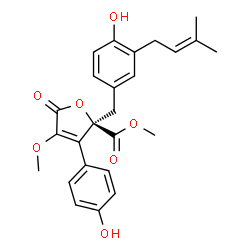 ChemSpider 2D Image | Methyl (2R)-2-[4-hydroxy-3-(3-methyl-2-buten-1-yl)benzyl]-3-(4-hydroxyphenyl)-4-methoxy-5-oxo-2,5-dihydro-2-furancarboxylate | C25H26O7