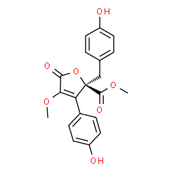 ChemSpider 2D Image | Methyl (2R)-2-(4-hydroxybenzyl)-3-(4-hydroxyphenyl)-4-methoxy-5-oxo-2,5-dihydro-2-furancarboxylate | C20H18O7