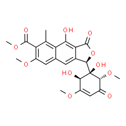 ChemSpider 2D Image | Methyl (1R)-1-[(1S,2S,6S)-1,2-dihydroxy-3,6-dimethoxy-5-oxo-3-cyclohexen-1-yl]-4-hydroxy-7-methoxy-5-methyl-3-oxo-1,3-dihydronaphtho[2,3-c]furan-6-carboxylate | C24H24O11