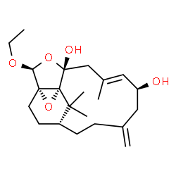 ChemSpider 2D Image | (1S,2S,4R,6E,8S,13R,15R)-2-Ethoxy-6,14,14-trimethyl-10-methylene-3,16-dioxatetracyclo[11.3.2.0~1,15~.0~4,15~]octadec-6-ene-4,8-diol | C22H34O5