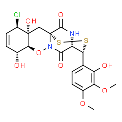ChemSpider 2D Image | (1R,3R,4R,7R,8S,12S,13R)-4-Chloro-3,7-dihydroxy-13-(2-hydroxy-3,4-dimethoxyphenyl)-9-oxa-14,15-dithia-10,17-diazatetracyclo[10.3.2.0~1,10~.0~3,8~]heptadec-5-ene-11,16-dione | C20H21ClN2O8S2