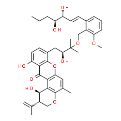 ChemSpider 2D Image | (1R,2S)-8-[(2S)-3-({2-[(1E,3R,4S)-3,4-Dihydroxy-1-hepten-1-yl]-6-methoxybenzyl}oxy)-2-hydroxy-3-methylbutyl]-1,11-dihydroxy-2-isopropenyl-5-methyl-2,3-dihydropyrano[3,2-a]xanthen-12(1H)-one | C40H48O10