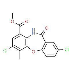 ChemSpider 2D Image | Methyl 2,7-dichloro-6-methyl-11-oxo-10,11-dihydrodibenzo[b,f][1,4]oxazepine-9-carboxylate | C16H11Cl2NO4