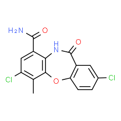 ChemSpider 2D Image | 2,7-Dichloro-6-methyl-11-oxo-10,11-dihydrodibenzo[b,f][1,4]oxazepine-9-carboxamide | C15H10Cl2N2O3