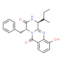 ChemSpider 2D Image | (1S,4R)-4-Benzyl-1-sec-butyl-10-hydroxy-2H-pyrazino[2,1-b]quinazoline-3,6(1H,4H)-dione | C22H23N3O3