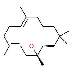 ChemSpider 2D Image | (1S,3E,7E,10E,14S)-1,4,8,12,12-Pentamethyl-15-oxabicyclo[12.1.0]pentadeca-3,7,10-triene | C19H30O