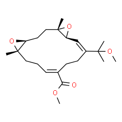 ChemSpider 2D Image | Methyl (1S,4S,6S,9E,13E,15S)-13-(2-methoxy-2-propanyl)-1,6-dimethyl-5,16-dioxatricyclo[13.1.0.0~4,6~]hexadeca-9,13-diene-10-carboxylate | C22H34O5