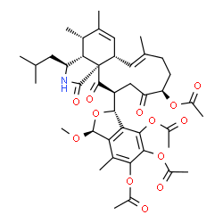 ChemSpider 2D Image | (1S,3R)-3-[(3S,3aR,4S,6aS,7E,11R,14S,15aS)-11-Acetoxy-3-isobutyl-4,5,8-trimethyl-1,12,15-trioxo-2,3,3a,4,6a,9,10,11,12,13,14,15-dodecahydro-1H-cycloundeca[d]isoindol-14-yl]-1-methoxy-7-methyl-1,3-dihy
dro-2-benzofuran-4,5,6-triyl triacetate | C42H53NO13