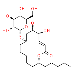 ChemSpider 2D Image | (3E,5R,6S,8R,14R)-5,6-Dihydroxy-2-oxo-14-pentyloxacyclotetradec-3-en-8-yl alpha-D-glucopyranoside | C24H42O10