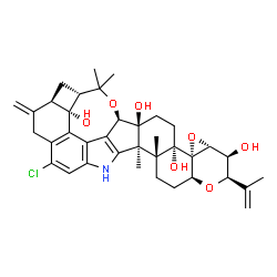 ChemSpider 2D Image | (2R,3S,3aR,4aS,4bS,6aS,7R,7dR,8S,9aR,14bS,14cR,16aS)-12-Chloro-2-isopropenyl-14b,14c,17,17-tetramethyl-10-methylene-3,3a,5,6,7,8,9,9a,10,11,14,14b,14c,15,16,16a-hexadecahydro-2H,4bH-7,8-(epoxymethano)
cyclobuta[5,6]benzo[1,2-e]oxireno[4',4a']chromeno[5',6':6,7]indeno[1,2-b]indole-3,4b,6a,7d-tetrol | C37H44ClNO7