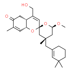 ChemSpider 2D Image | (2R,4'S,4aR,6'R,8aR)-4'-[(3,3-Dimethyl-1-cyclohexen-1-yl)methyl]-4-(hydroxymethyl)-6'-methoxy-4',7-dimethyl-3',4',4a,5',6',8a-hexahydrospiro[chromene-2,2'-pyran]-6(5H)-one | C26H38O5