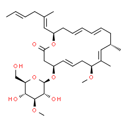 ChemSpider 2D Image | (4S,5E,8S,9E,11S,13E,15E,18R)-8-Methoxy-9,11-dimethyl-18-[(1E,4E)-2-methyl-1,4-hexadien-1-yl]-2-oxooxacyclooctadeca-5,9,13,15-tetraen-4-yl 3-O-methyl-beta-D-glucopyranoside | C34H52O9