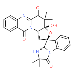 ChemSpider 2D Image | (2S,3aS,9a'S,12aS)-3a-Hydroxy-2',2',4,4-tetramethyl-1,1',3a,4,9a',12a-hexahydrospiro[furo[2',3':5,6]pyrido[2,1-b]quinazoline-2,9'-imidazo[1,2-a]indole]-3',5,11(2'H)-trione | C27H26N4O5