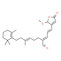 ChemSpider 2D Image | (2E,5E)-2-[(2E)-3-(2-Methoxy-5-oxo-2,5-dihydro-3-furanyl)-2-propen-1-ylidene]-6-methyl-8-(2,6,6-trimethyl-1-cyclohexen-1-yl)-5-octenal | C26H36O4