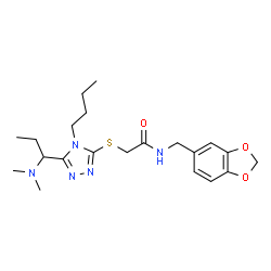 ChemSpider 2D Image | N-(1,3-Benzodioxol-5-ylmethyl)-2-({4-butyl-5-[1-(dimethylamino)propyl]-4H-1,2,4-triazol-3-yl}sulfanyl)acetamide | C21H31N5O3S