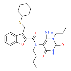 ChemSpider 2D Image | N-(6-Amino-2,4-dioxo-1-propyl-1,2,3,4-tetrahydro-5-pyrimidinyl)-N-butyl-3-[(cyclohexylsulfanyl)methyl]-1-benzofuran-2-carboxamide | C27H36N4O4S
