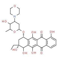ChemSpider 2D Image | (1S,3R)-3-Ethyl-3,4,5,10,12-pentahydroxy-6,11-dioxo-1,2,3,4,6,11-hexahydro-1-tetracenyl 2,3,6-trideoxy-3-(4-morpholinyl)hexopyranoside | C30H35NO11