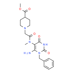 ChemSpider 2D Image | Methyl 1-{2-[(6-amino-1-benzyl-2,4-dioxo-1,2,3,4-tetrahydro-5-pyrimidinyl)(methyl)amino]-2-oxoethyl}-4-piperidinecarboxylate | C21H27N5O5