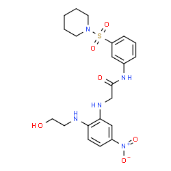 ChemSpider 2D Image | N~2~-{2-[(2-Hydroxyethyl)amino]-5-nitrophenyl}-N-[3-(1-piperidinylsulfonyl)phenyl]glycinamide | C21H27N5O6S