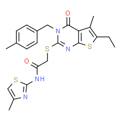 ChemSpider 2D Image | 2-{[6-Ethyl-5-methyl-3-(4-methylbenzyl)-4-oxo-3,4-dihydrothieno[2,3-d]pyrimidin-2-yl]sulfanyl}-N-(4-methyl-1,3-thiazol-2-yl)acetamide | C23H24N4O2S3