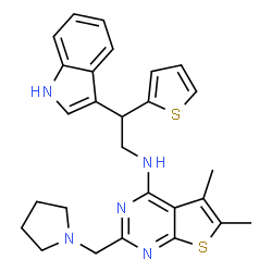 ChemSpider 2D Image | N-[2-(1H-Indol-3-yl)-2-(2-thienyl)ethyl]-5,6-dimethyl-2-(1-pyrrolidinylmethyl)thieno[2,3-d]pyrimidin-4-amine | C27H29N5S2