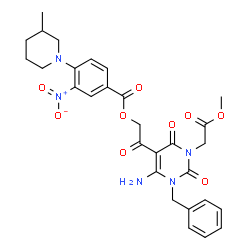 ChemSpider 2D Image | 2-[6-Amino-1-benzyl-3-(2-methoxy-2-oxoethyl)-2,4-dioxo-1,2,3,4-tetrahydro-5-pyrimidinyl]-2-oxoethyl 4-(3-methyl-1-piperidinyl)-3-nitrobenzoate | C29H31N5O9