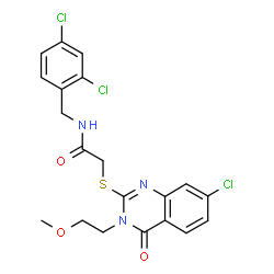 ChemSpider 2D Image | 2-{[7-Chloro-3-(2-methoxyethyl)-4-oxo-3,4-dihydro-2-quinazolinyl]sulfanyl}-N-(2,4-dichlorobenzyl)acetamide | C20H18Cl3N3O3S