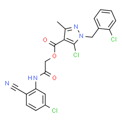 ChemSpider 2D Image | 2-[(5-Chloro-2-cyanophenyl)amino]-2-oxoethyl 5-chloro-1-(2-chlorobenzyl)-3-methyl-1H-pyrazole-4-carboxylate | C21H15Cl3N4O3