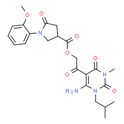 ChemSpider 2D Image | 2-(6-Amino-1-isobutyl-3-methyl-2,4-dioxo-1,2,3,4-tetrahydro-5-pyrimidinyl)-2-oxoethyl 1-(2-methoxyphenyl)-5-oxo-3-pyrrolidinecarboxylate | C23H28N4O7