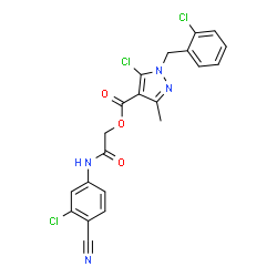 ChemSpider 2D Image | 2-[(3-Chloro-4-cyanophenyl)amino]-2-oxoethyl 5-chloro-1-(2-chlorobenzyl)-3-methyl-1H-pyrazole-4-carboxylate | C21H15Cl3N4O3