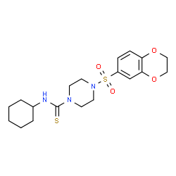 ChemSpider 2D Image | N-Cyclohexyl-4-(2,3-dihydro-1,4-benzodioxin-6-ylsulfonyl)-1-piperazinecarbothioamide | C19H27N3O4S2